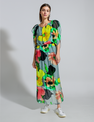 意大利真絲彩花束腰長連身裙