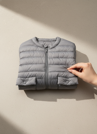 Folded gray puffer jacket on a beige surface with a hand touching it