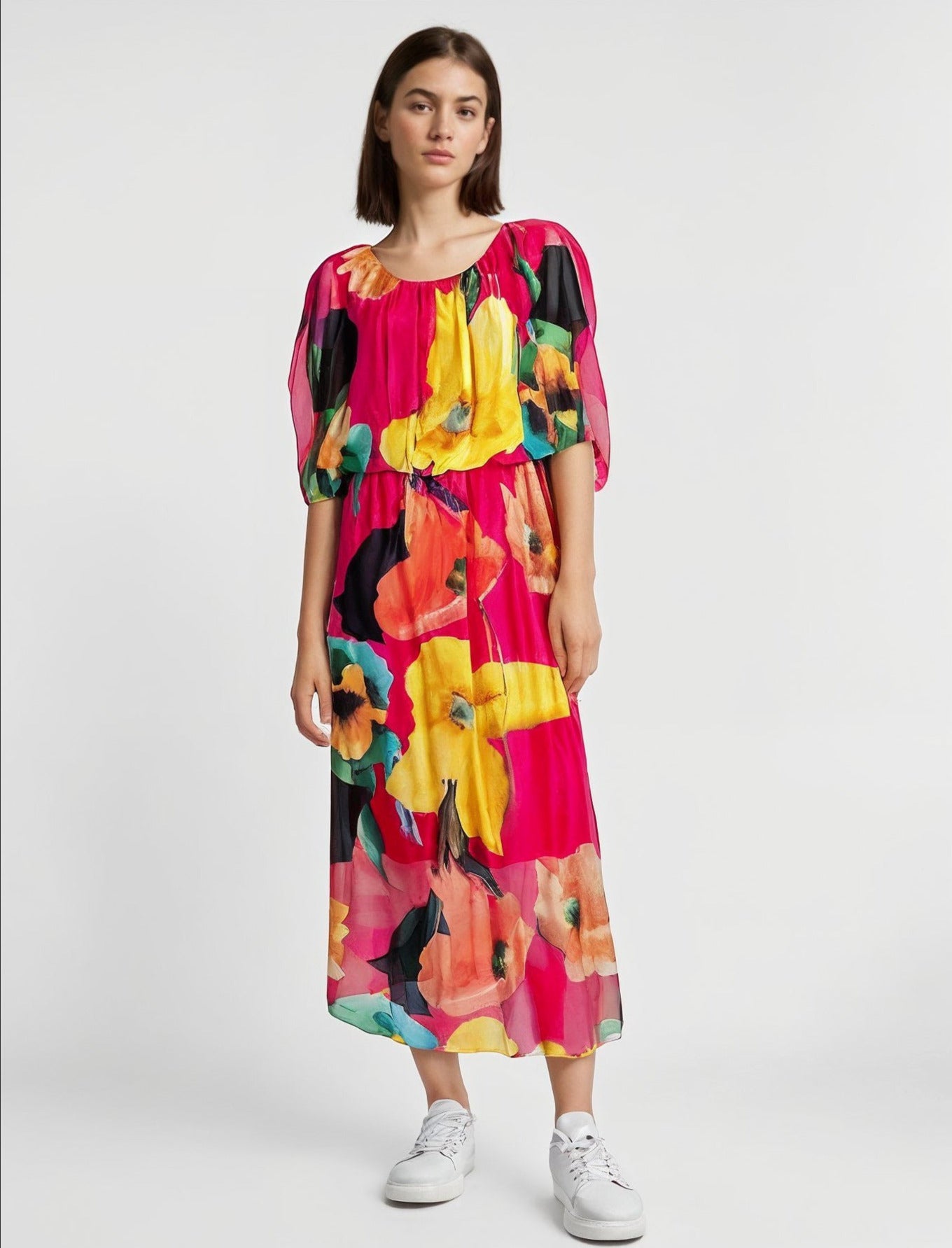 Allover Rose Floral Silk Two Layered Dress