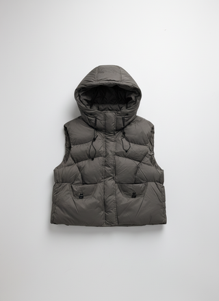 Gray puffer vest with a hood on a white background