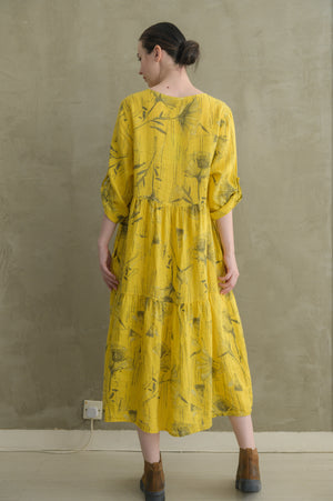 All Floral Linen 3/4 Sleeve Loose Tiered Dress