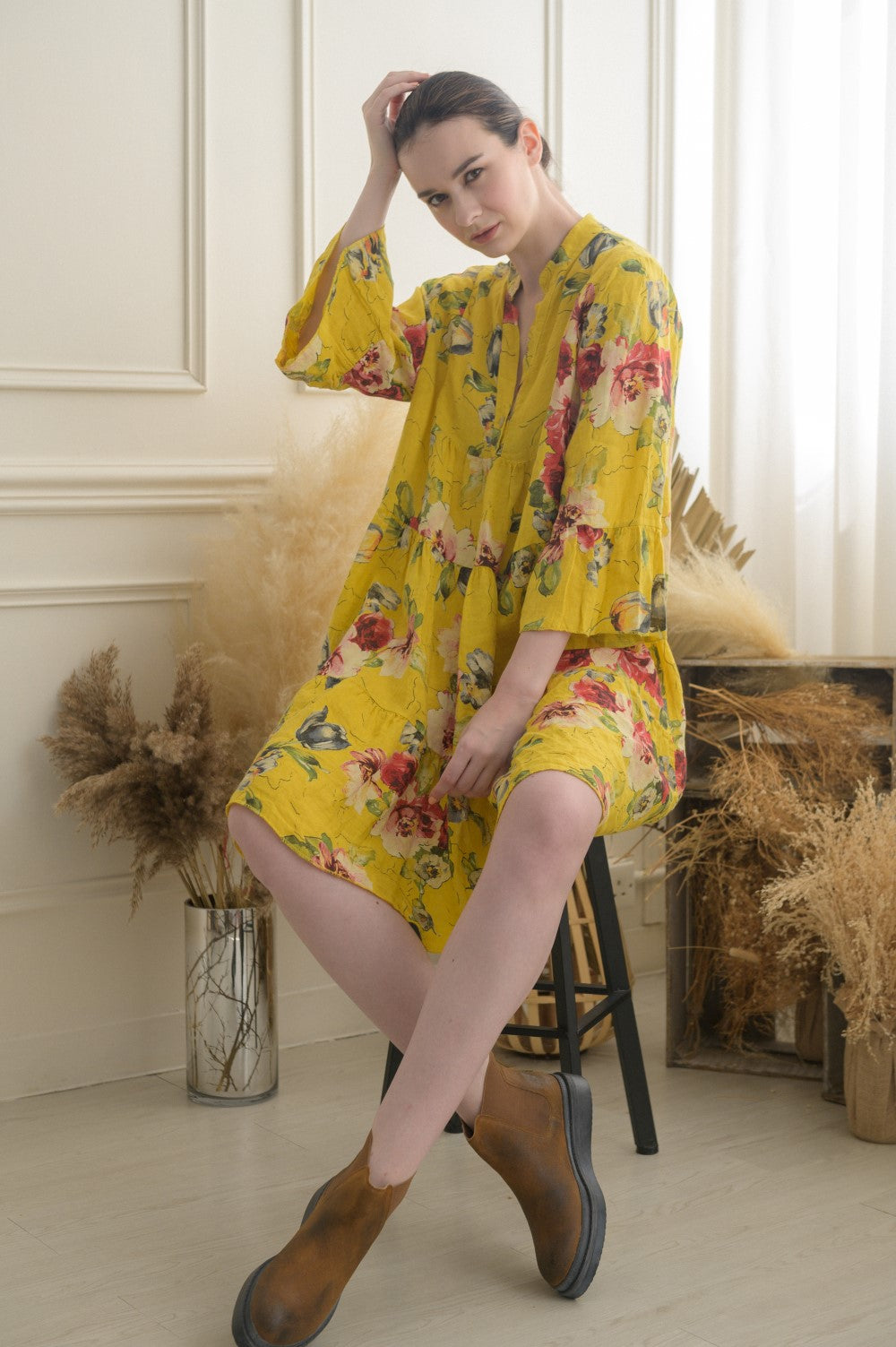 All Floral Linen 3/4 Ruffle Sleeve Shirt Skirt