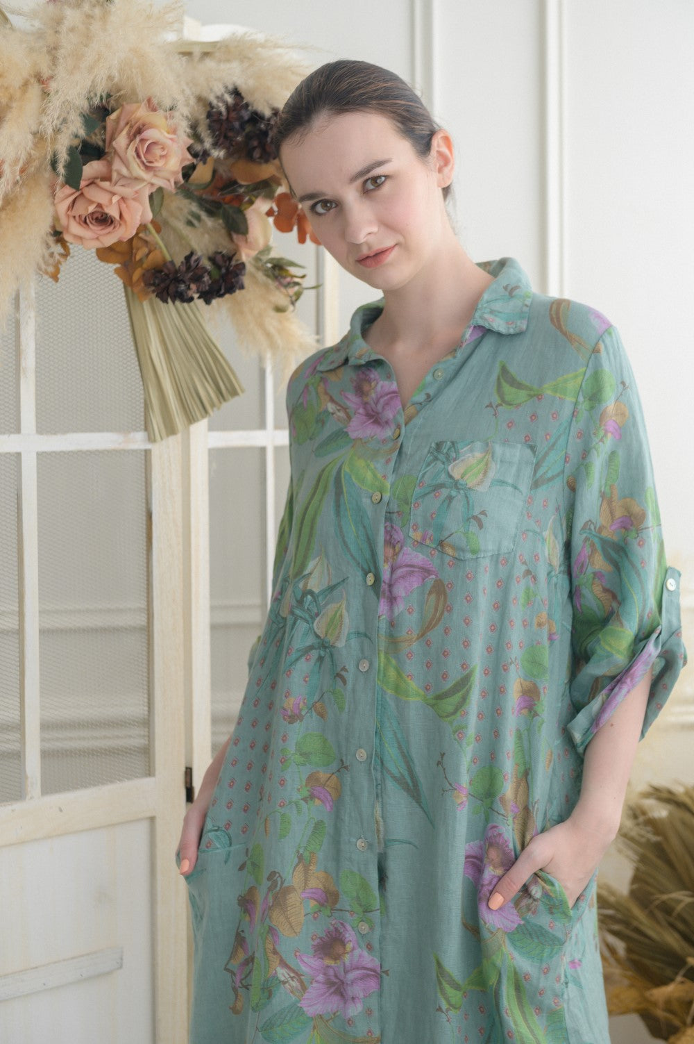 Floral Print Linen Long Button Shirt Dress