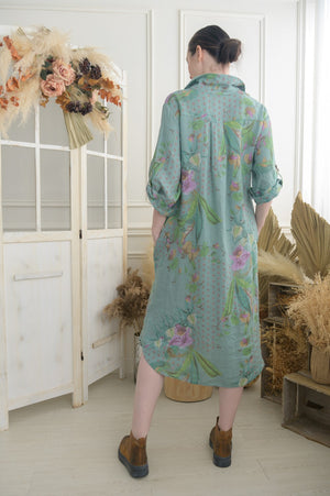 Floral Print Lenen Long Button Shirt Dress