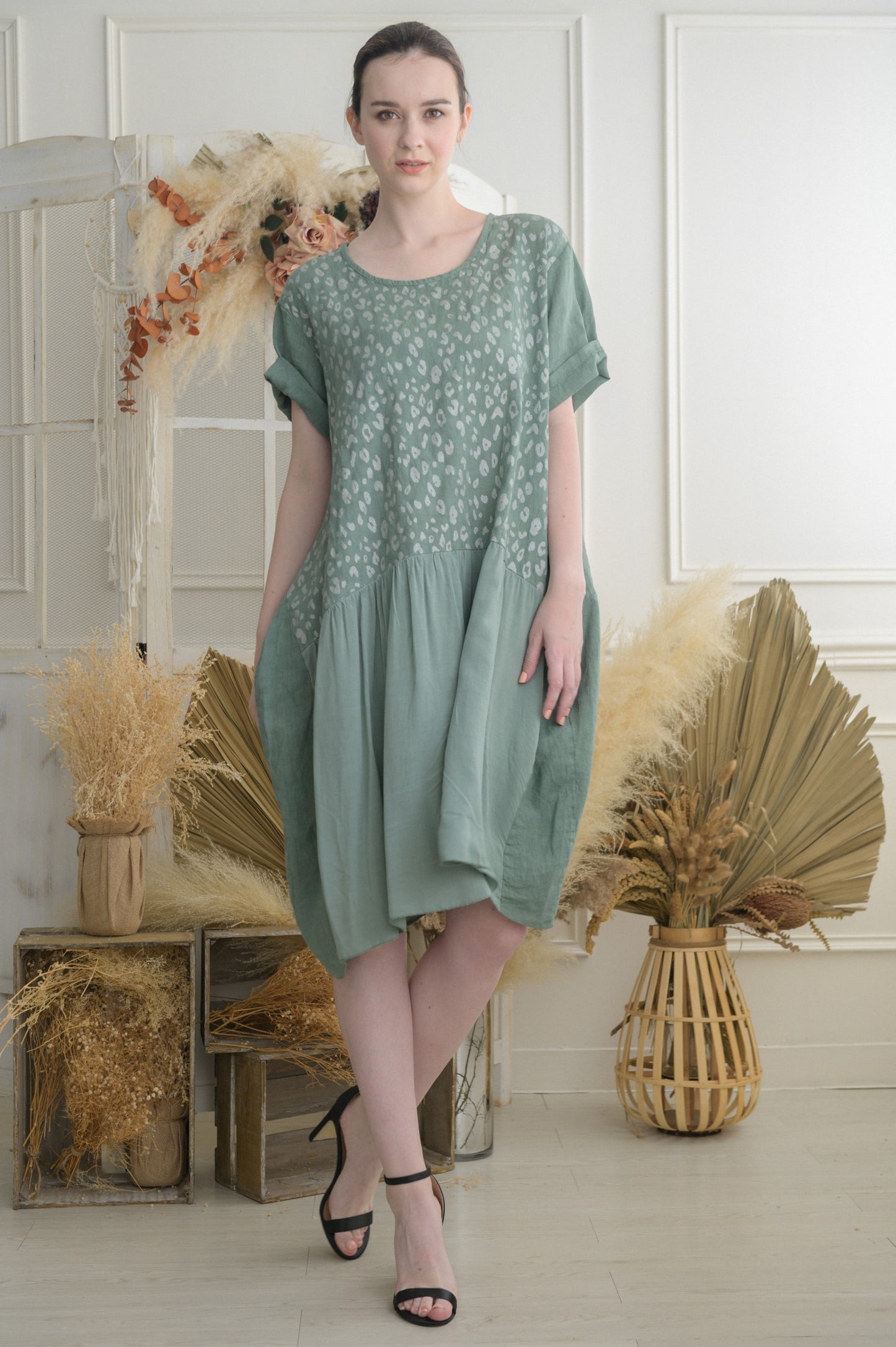 All Over Floral Print Linen Dress